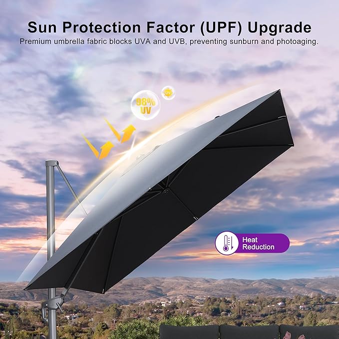 PURPLE LEAF 10 FT Cantilever Patio Umbrella Outdoor Aluminum Offset Square Umbrella with 3 Years Fade Resistance Recycled Fabric and 360-degree Rotation for Deck Pool Garden, Graphite Grey
