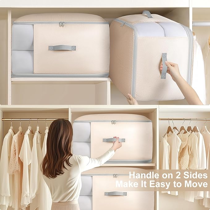 Comforter Storage Bag - 130L Large Capacity Blanket Storage Bags 3-Layer Ultra Space Saving Self Compression Organizer, Washable Compression Bags for Storage Comforter Blanket, 4-Pack, Beige