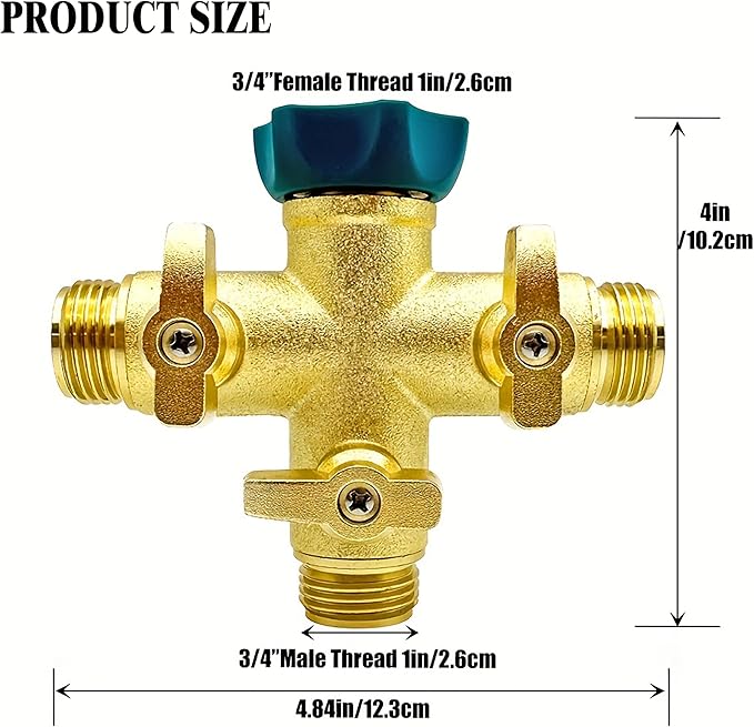 Brass High Flow 3 Way Hose Splitter Valve with Metal Handle, Heavy Duty High Flow Spigot Splitter with Shut off Valve, 3/4 Inch Garden Tap Splitter,6 Extra Rubber Hose Washers Included