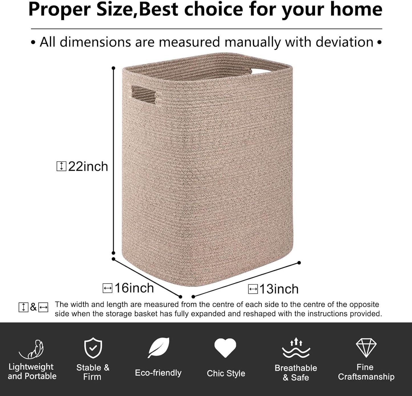 OIAHOMY Laundry Hamper, Rectangle Cotton Laundry Basket with Handles, Large Blanket Basket for Living room, Woven Decorative Storage for Toys,Clothes,Pillows-16x13x22in-Brown variegated