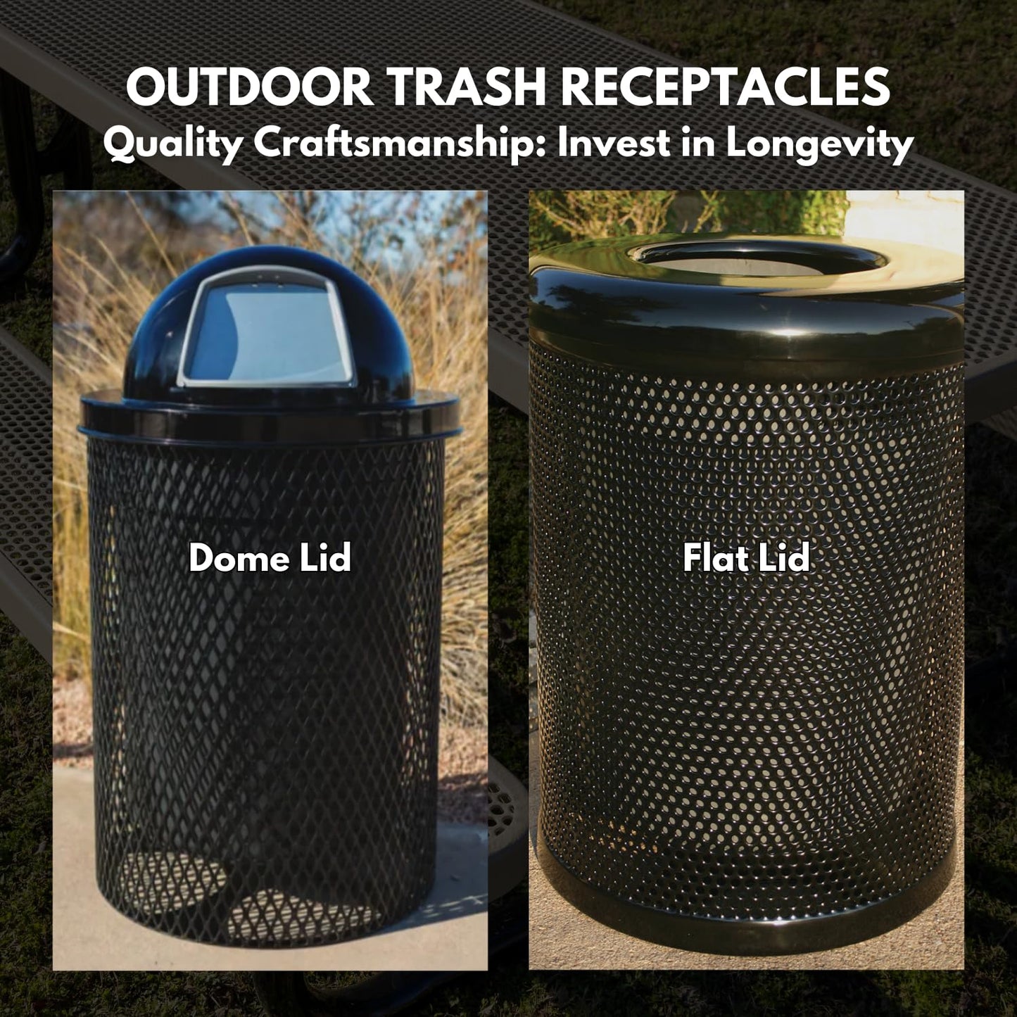 COATEDOUTDOORFURNITURE RFT-TAN Heavy Duty 32 Gallon Round Trash Receptacle, Liner Included, Tan with Flat Top Lid, Made in America
