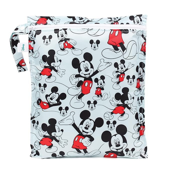 Bumkins Disney Waterproof Wet Bag for Baby, Travel, Swim Suit, Cloth Diapers, Pump Parts, Pool, Gym Clothes, Toiletry, Strap to Stroller, Daycare, Zipper Reusable Bag, Packing Pouch, Mickey Mouse