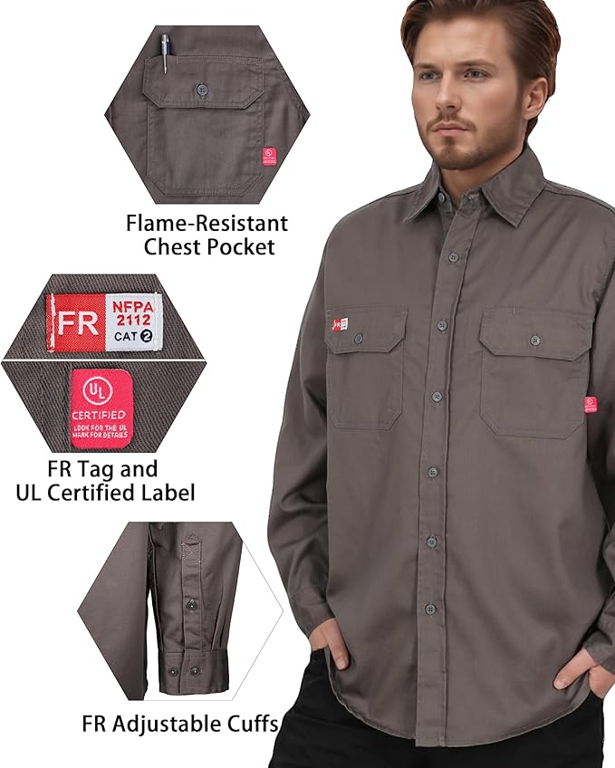 TICOMELA FR Shirts for Men Flame Resistant Shirt CAT2 Light Weight 6.5oz Fire Retardant Men's Welding Shirt