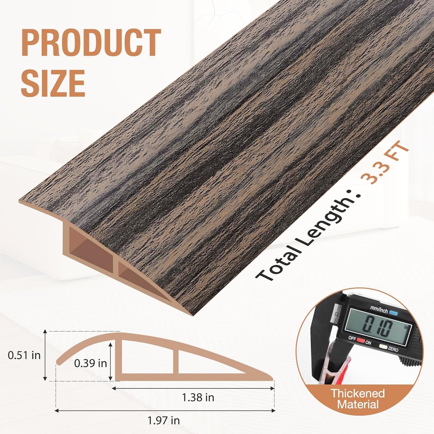 Floor Transition Strip Self Adhesive Vinyl Door Threshold for Doorways Carpet Edging Trim Overlap Edge Reducer for Laminate Floor, Carpet, Tile (Smoked Brown Wood Grain, 1/5" to 2/5", 3.3Ft)