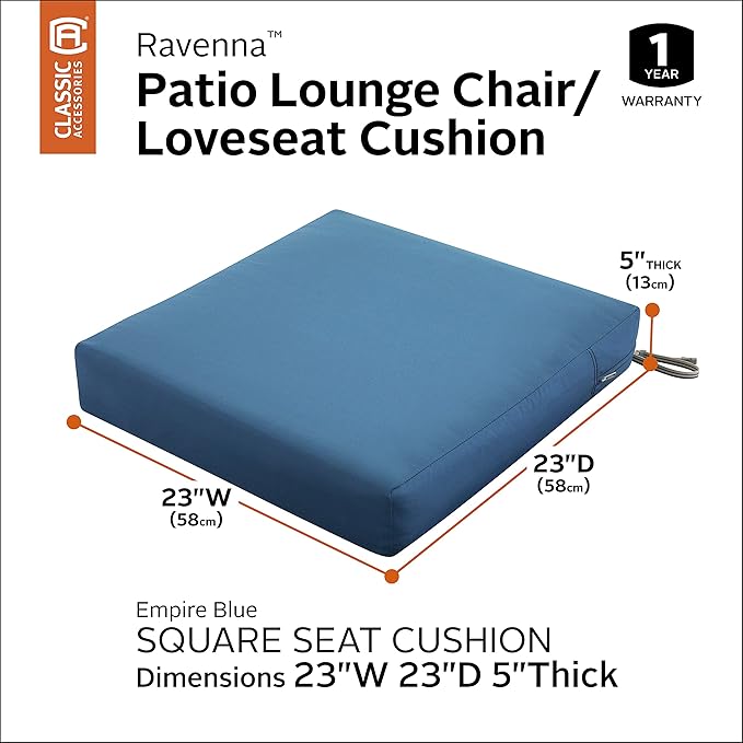 Classic Accessories Ravenna Water-Resistant 23 x 23 x 5 Inch Square Patio Seat Cushion Slip Cover & Foam, Empire Blue, Lounge Chair Cushion