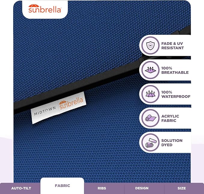 Midtown Umbrellas Sunbrella Umbrella 8 Feet Outdoor Umbrella With Sunbrella Dark Blue Acrylic Fabric - Auto-Tilt Aluminum Frame Patio Umbrella For Backyard, Deck, Garden, Pool - Black Pole