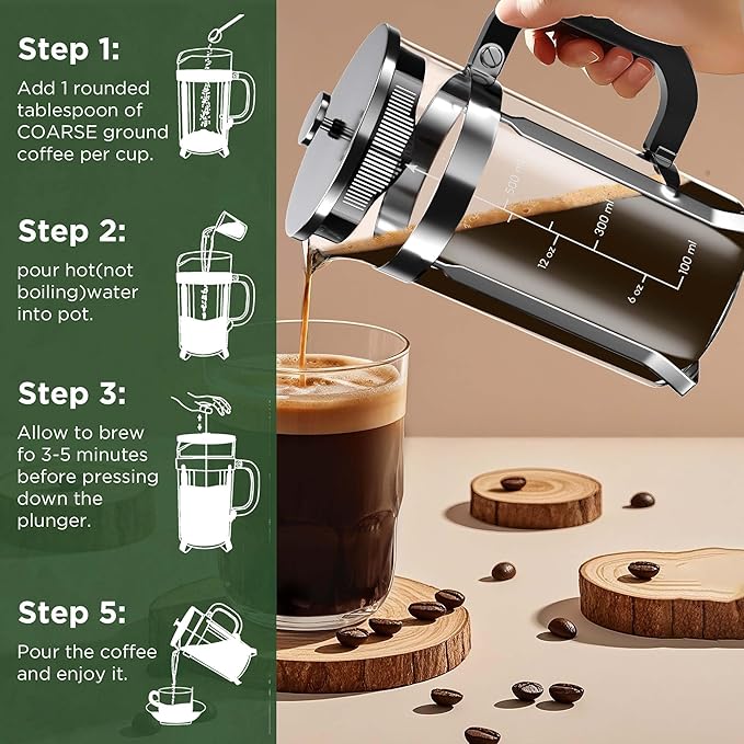 21 Ounce / 600ML French Press Coffee Maker - Stainless Steel & Borosilicate Glass, 4 - Filter for Smooth Brews - Perfect for Cold Brew, Espresso & Tea