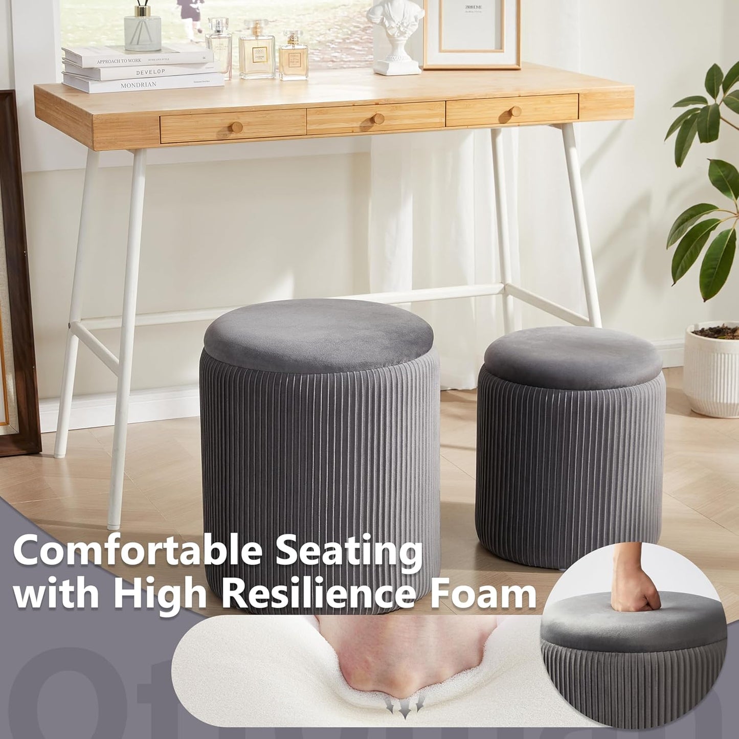 Royal Windsor Round Ottoman with Storage Set of 2,Vanity Stool with Storage for Bedroom, Ottoman Coffee Table,Small Velvet Foot Stool for Living Room,Grey