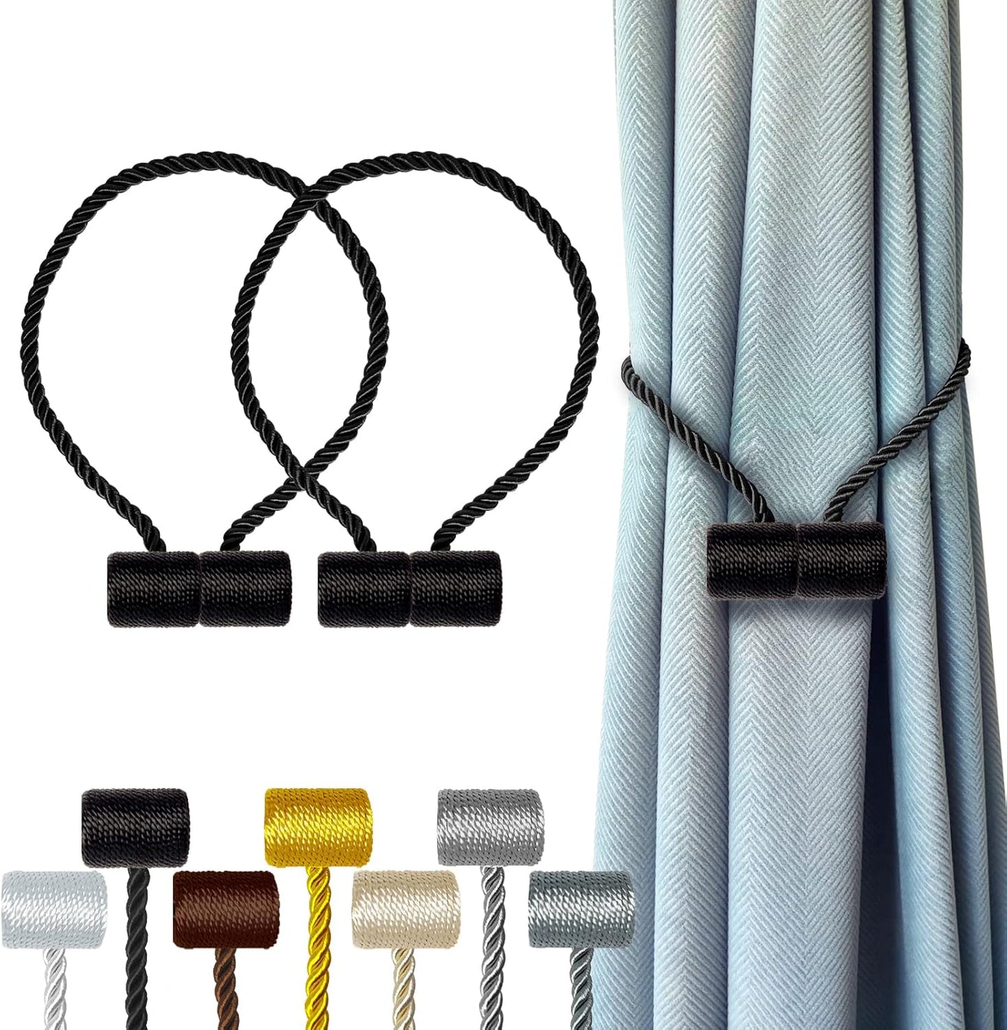 Hion Magnetic Curtain Tiebacks Black 2pcs, Curtain Tiebacks Buckles Holdbacks Holders Hooks Clip for Home Bedroom Office Decorative Curtain
