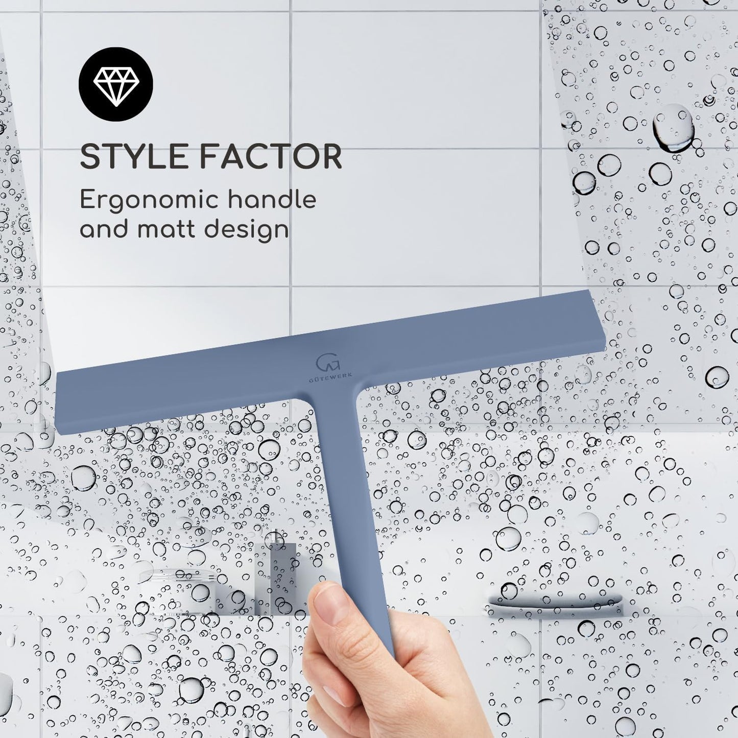 GÜTEWERK Shower Squeegee for Glass Doors, Silicone Window Squeegee, Bathroom and Glass Cleaning - Blue - 9 Inch