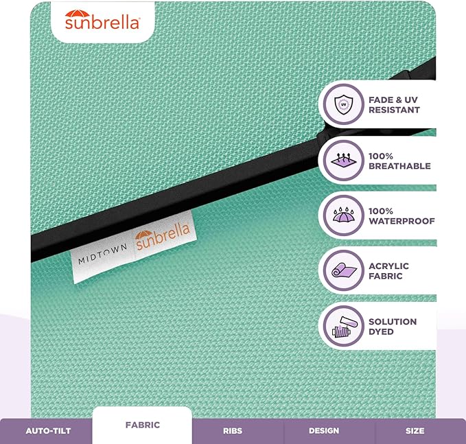 Midtown Umbrellas Sunbrella Umbrella 9 Feet Outdoor Umbrella With Canvas Glacier Acrylic Fabric - Auto-Tilt Aluminum Frame Patio Umbrella For Backyard, Deck, Garden, Pool - Black Pole