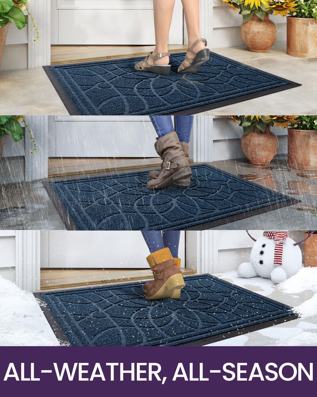 DEXI Front Door Mat Outside Entrance, Heavy Duty Non Slip Low Profile Doormat for Entryway, Trap Dirt and Moisture Welcome Mats, Easy Clean, Patio, Garage, 5x3, Blue