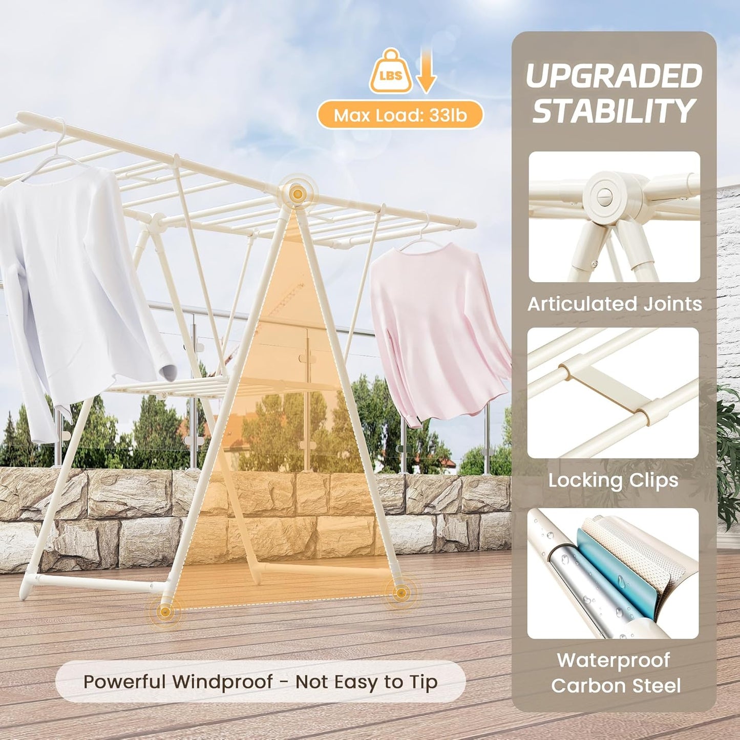 GameGem Clothes Drying Rack, Drying Rack Clothing, Foldable Laundry Drying Rack with 3 Heights-Adjustable, Sturdy Carbon Steel & Anti Slip Feet, Indoor Outdoor Use, Cream White
