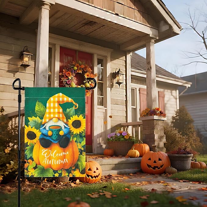 ROTERDON Fall Gnome Garden Flag 12x18 Inch with Stand, Welcome Autumn Sunflower Pumpkin Garden Flags Double Sided Metal Yard Flag Holder for Outside, Party Holiday Yard Decoration
