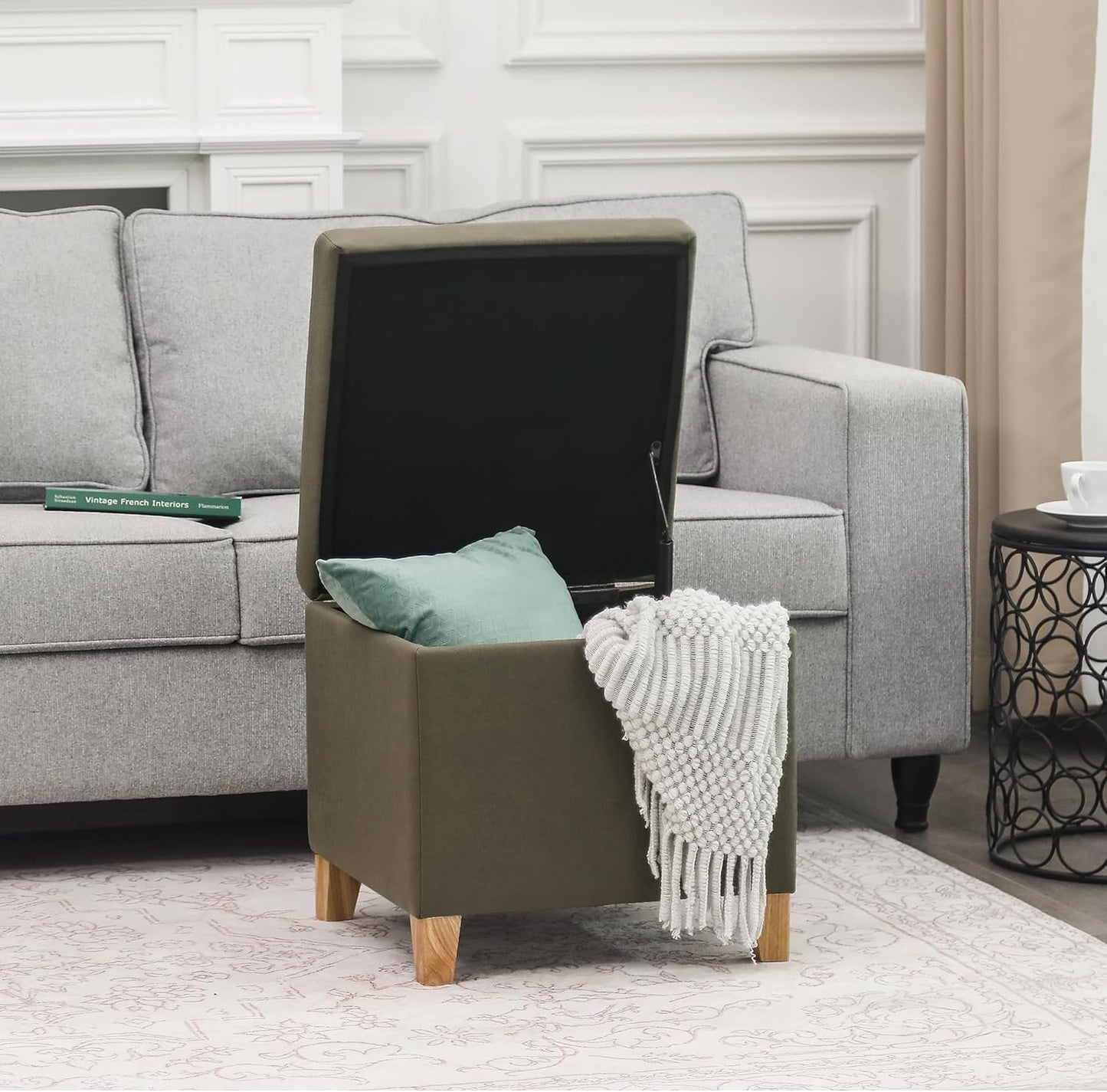 Adeco Fabric Storage Ottoman Bench with Solid Wood Legs, 17.7" Square Olive Green Leathaire Cube Foot Stool, Upholstered Button Tufted Vanity Chair with Hinged Lid for Living Room, Bedroom, Dorm