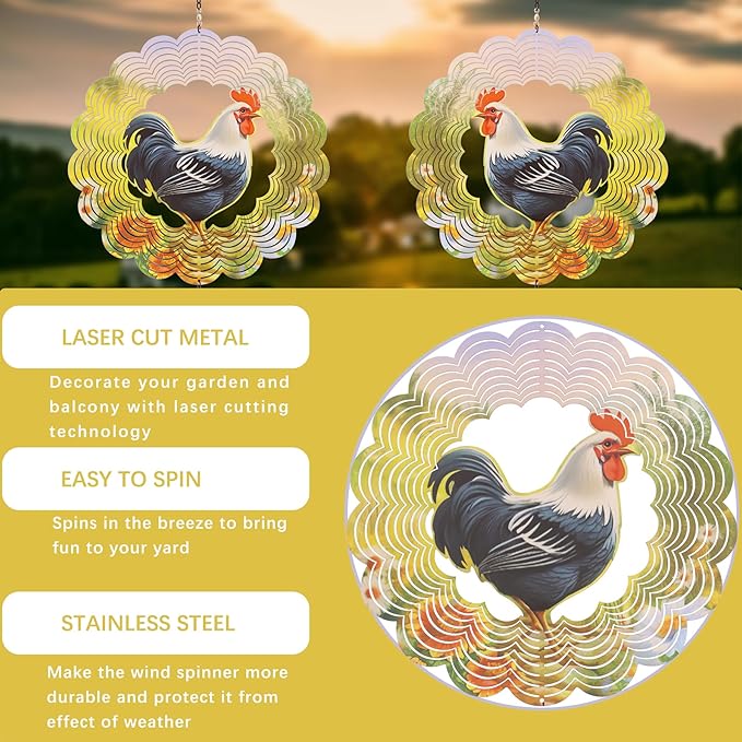 Rooster Metal Wind Spinners - Chicken Gifts for Women Mom Grandma Wife, Hanging Cock Wind Spinner for Outdoor & Indoor Decorations, 12 inch Wind Spinner for Christmas Ornament Gifts