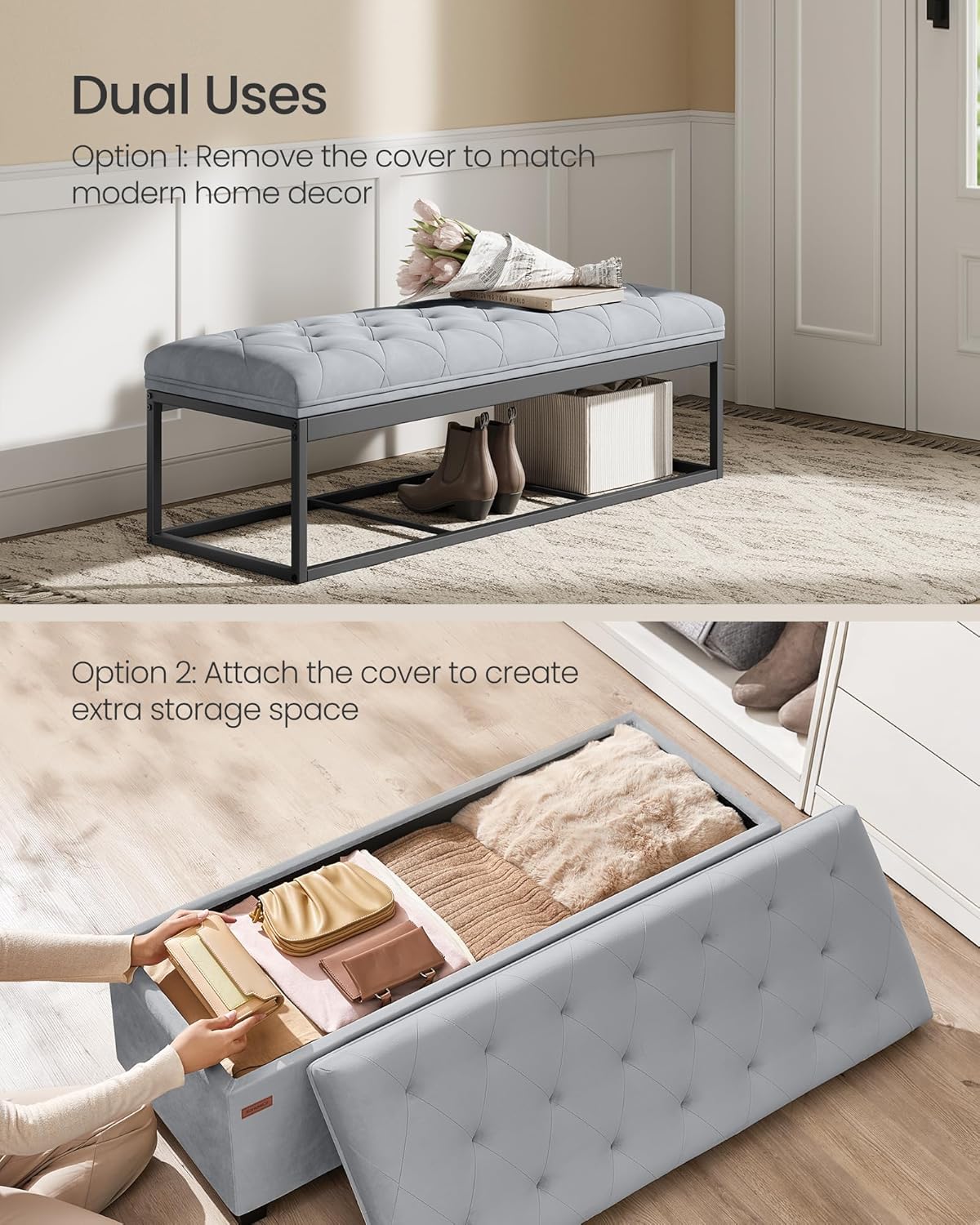 SONGMICS Velvet Storage Ottoman Bench, Foot Rest with Legs, 15.7 x 43 x 15.7 Inches, End of Bed Bench, Storage Chest, Load up to 660 lb, for Living Room, Bedroom, Entryway, Dove Gray ULSF089G02
