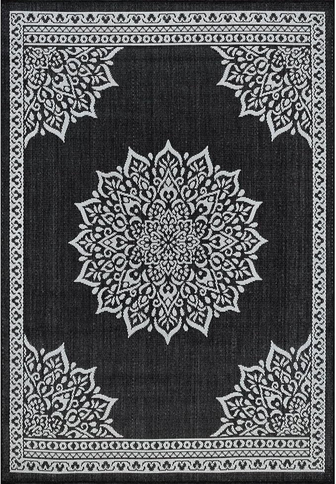 CAMILSON Outdoor Rug, 6x9 Medallion Black White Modern Area Rugs for Indoor and Outdoor Patios, Kitchen and Hallway Mats, Washable Porch Deck Outside Carpet (Medallion Black, 6 x 9)