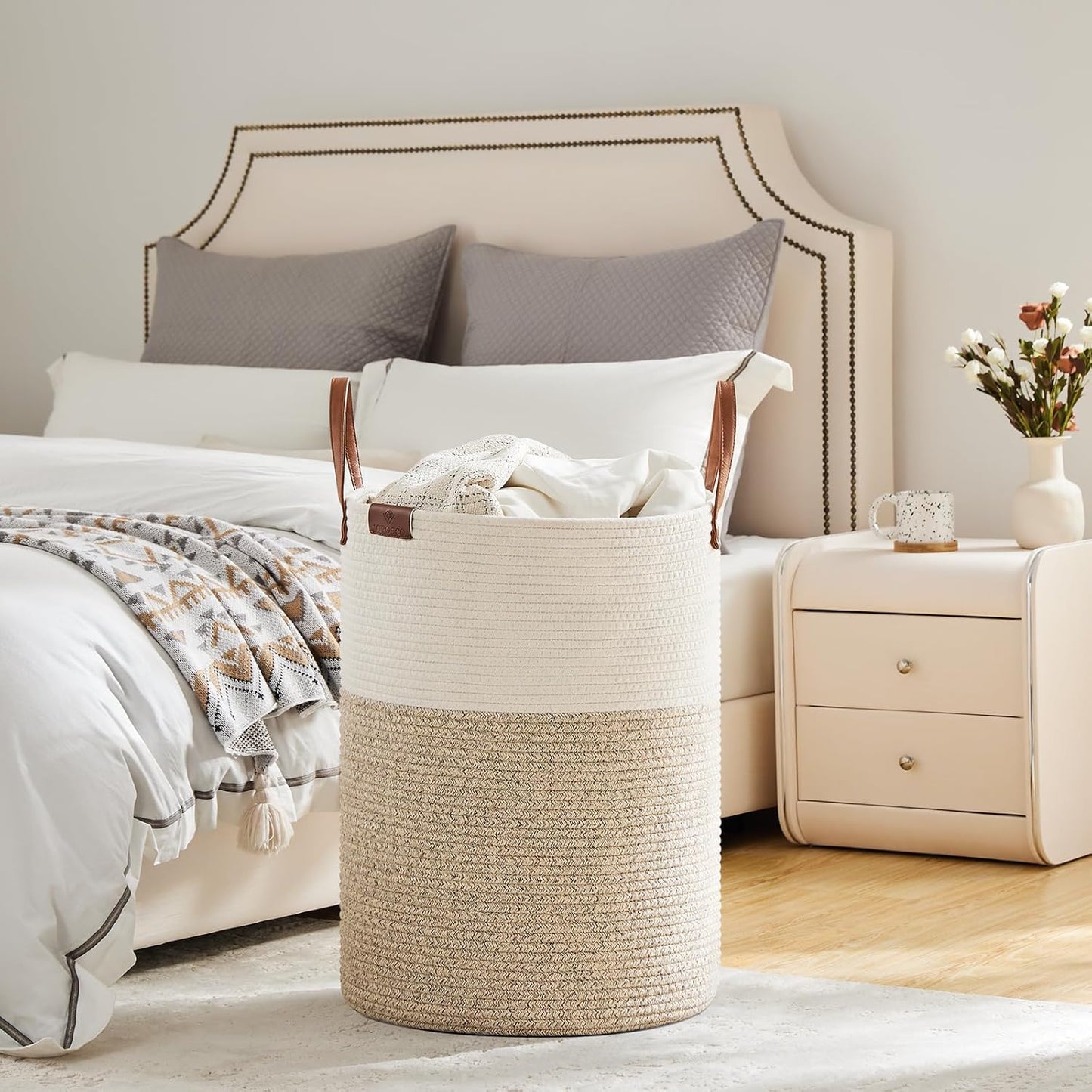 VIPOSCO Tall Laundry Basket, Large Dirty Clothes Hamper with Leather Handle, Woven Rope Storage Basket for Blanket, Toy In Living Room, Bathroom, Bedroom - 100L White & Brown