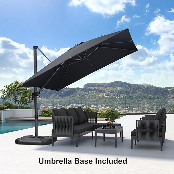 PURPLE LEAF 9.8' X 9.8' Tilting Patio Umbrella with Base Outdoor Cantilever Swivel Square Umbrella with Tilt Aluminum Offset Umbrella with 360-degree Rotation for Garden Deck Pool Patio Grey