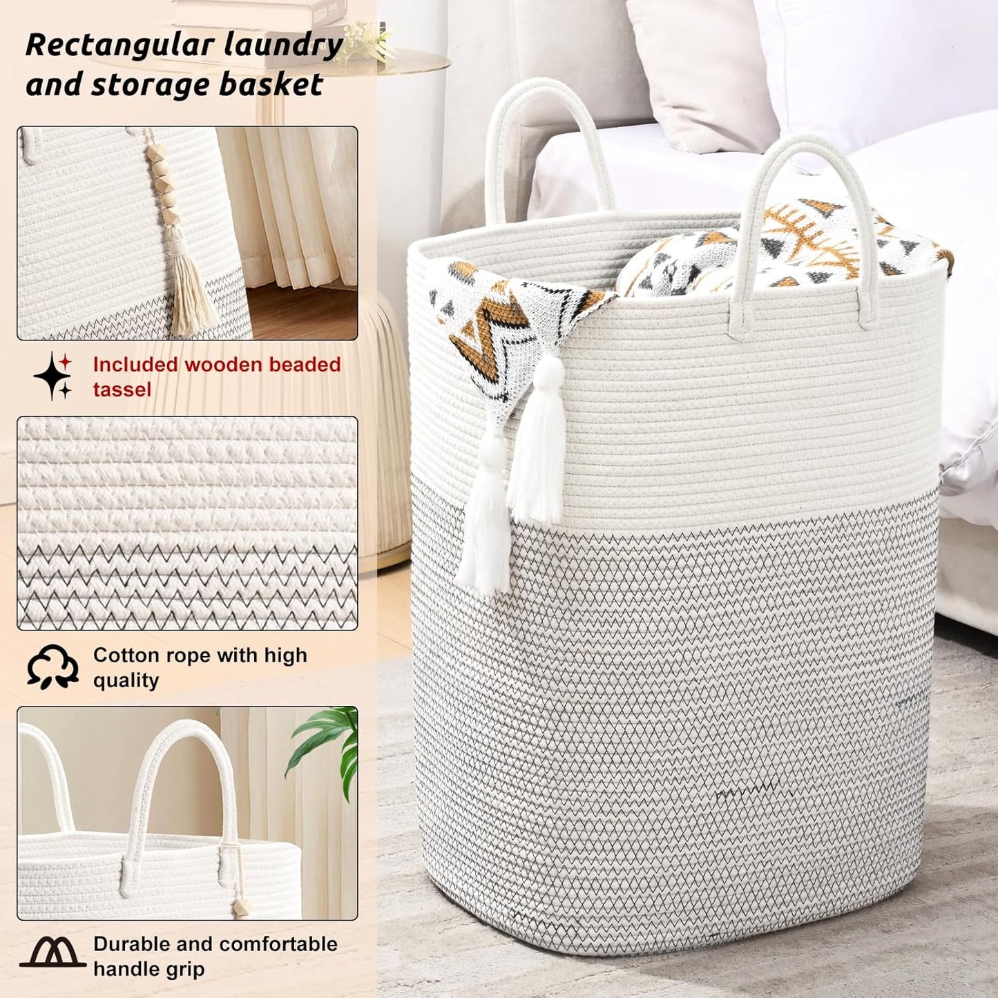 Woven Laundry Basket for Clothes, 100 L Large Rectangle Laundry Hampers with Beads Tassel, Nursery Storage Basket for Toys, Tall Dirty Clothes Hamper for Bedroom Aesthetic, Laundry Room Organization