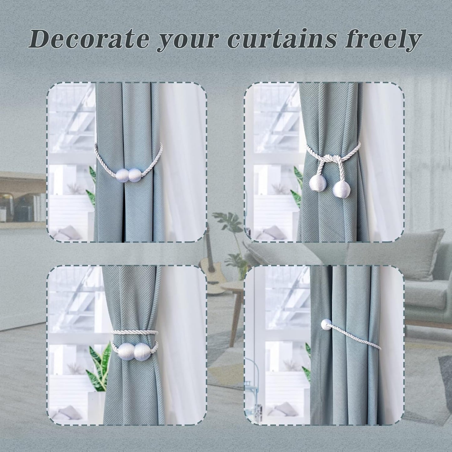 Hion Magnetic Curtain Tiebacks Gray Blue 2 Pack, Curtain Tiebacks Buckles Holdbacks Holders Hooks Clip for Home Bedroom Office Decorative Thick or Thin Curtain