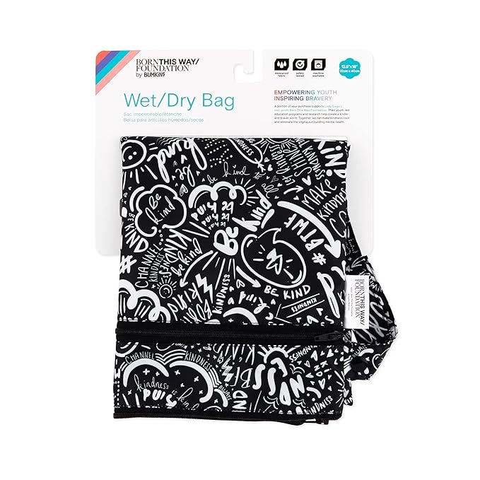 Bumkins Waterproof Wet Dry Bag for Baby, Travel, Swim Suit, Cloth Diapers, Pump Parts, Pool, Beach, Gym Clothes, Toiletry, Hook to Stroller, Daycare, Zipper Reusable Wetdry Packing Pouch, Be Kind