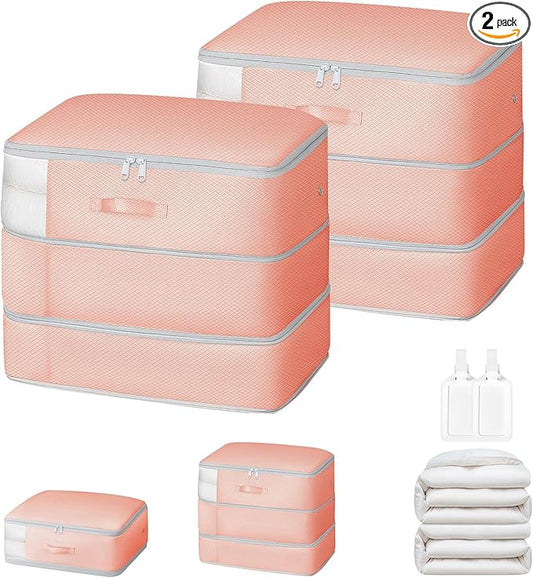 Comforter Storage Bag - Large Capacity Blanket Storage Bags 3-Layer Ultra Space Saving Self Compression Organizer, Washable Compression Bags for Storage Comforter Blanket, 2-Pack, Pink