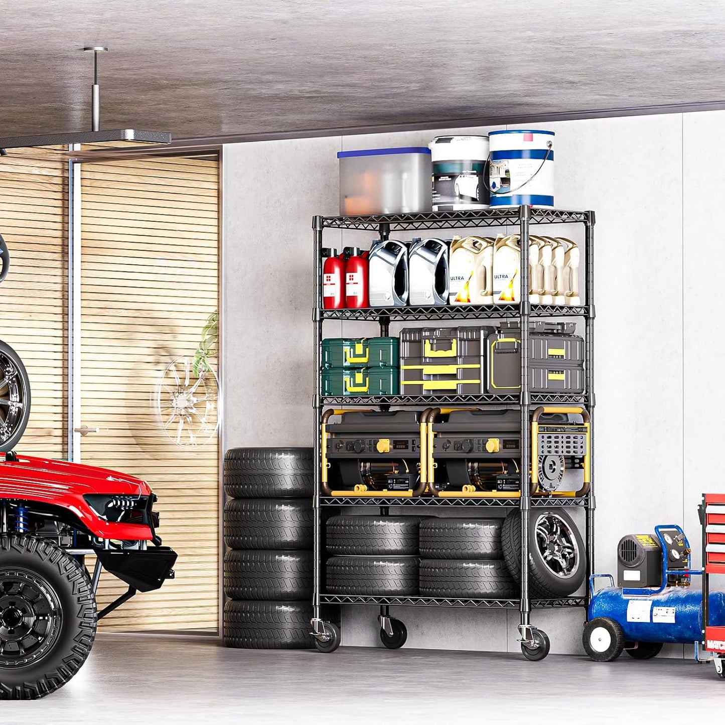 IZEUK 5-Tier Adjustable Heavy Duty Steel Wire Shelving Unit with Wheels, Storage Rack Organizer for Garage, Kitchen, Office, Laundry, Basement (Black, 17.7" D x 47.2" W x 76.7" H, 1750 lbs Capacity)