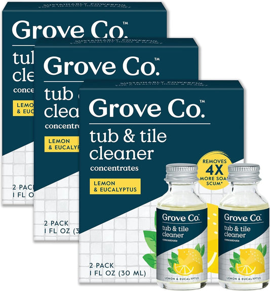 Grove Co. Tub and Tile Cleaner, Refill Concentrate (6 x 1 Fl Oz) Plant-Based Household Cleaning Supplies, No Plastic Waste, 100% Natural Lemon & Eucalyptus Fragrance, 3 x 2 Pack Refills