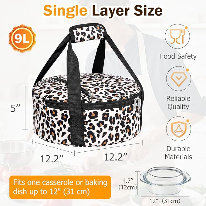 Round Insulated Casserole Carrier, Pie Carrier Bag, Portable Casserole Carrier for Hot or Cold Food Lunch Tote Warmer or Cooler Bag, Lunch Bag for Parties Picnic, Fits 12.5" Baking Dish, Leopard
