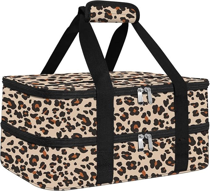 esouler Double Insulated Casserole Carrier Bag Hot & Cold Food Carrier Bag Lasagna Holder Lunch Bag for Picnics, Parties, Travel, Fits 9 x 13 Inches Casserole Dish-Leopard