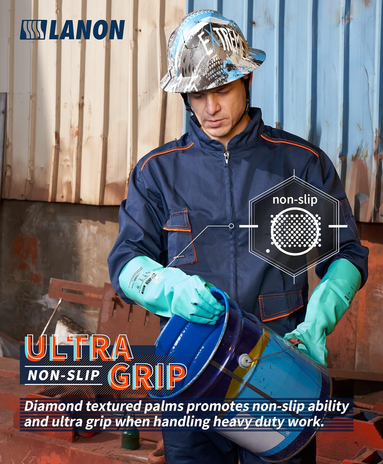 LANON Nitrile Chemical Resistant Gloves, Reusable Heavy Duty Safety Work Gloves, Acid, Alkali and Oil Protection, 18" Length, Non-Slip, Large