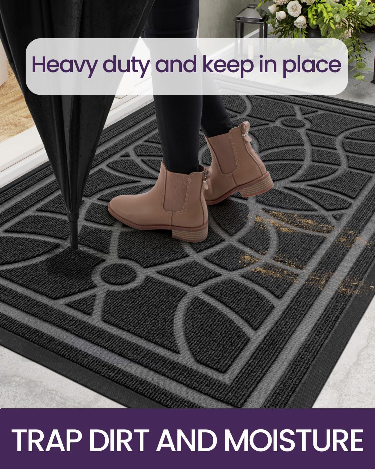DEXI Front Door Mat Outside Entrance, Heavy Duty Non Slip Low Profile Doormat for Entryway, Trap Dirt and Moisture Welcome Mats, Easy Clean, Patio, Garage, 6x4, Grey