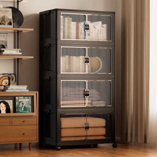 Jalove 120Gal Large Storage Bins with lids, 480QT Plastic Stackable Containers with Wheels, Collapsible Closet Organizer and Storage Drawers,Clothes Organization for Cabinet Home, 4Pack Black