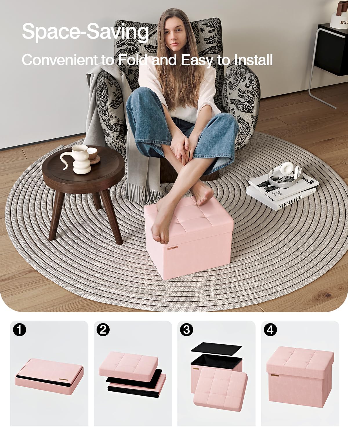 Folding Storage Ottoman, Velvet Storage Bench, Footrest, Foot Stool,for Living Room, Bedroom and Office,12.2 x 16.1 x 12.2 Inches, 200 kg Load Capacity,Jelly Pink,UASND03P