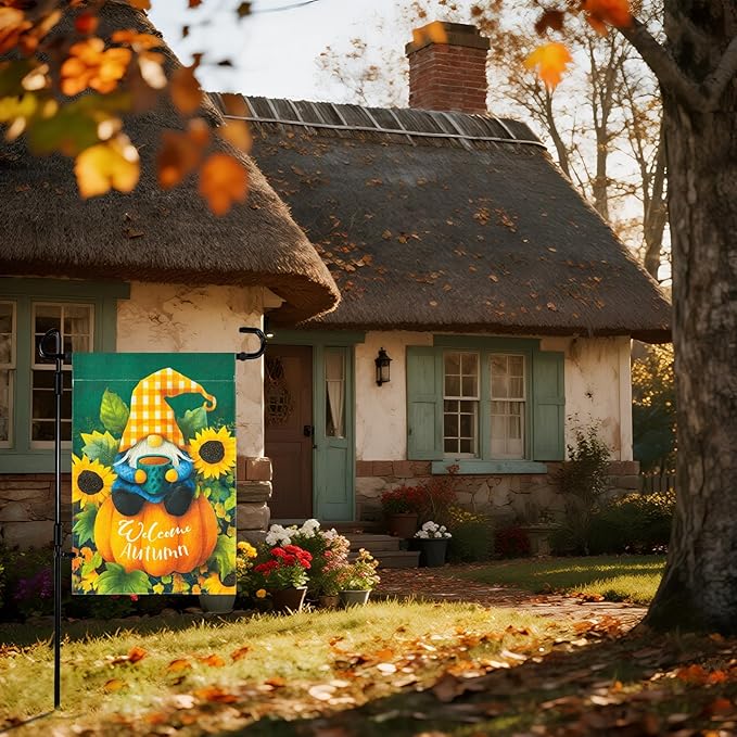 ROTERDON Fall Gnome Garden Flag 12x18 Inch with Stand, Welcome Autumn Sunflower Pumpkin Garden Flags Double Sided Metal Yard Flag Holder for Outside, Party Holiday Yard Decoration