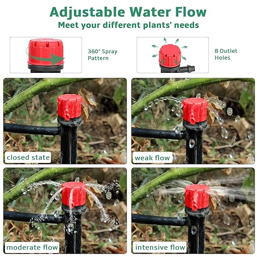 Drip Irrigation Emitters, 50Pcs Drip Irrigation Parts Drip Emitters for 1/4" Drip Irrigation Tubing, Adjustable 360 Degree Water Flow Drippers Spray Emitters for Flower Plant Watering System