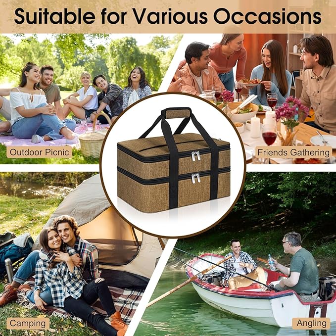 Double Insulated Casserole Carrier, Portable Casserole Carrier for Hot or Cold Food Lunch Tote Warmer or Cooler Bag, Lasagna Lunch Bag for Potluck Parties- Fits 9" x 13" Baking Dish-Coffee