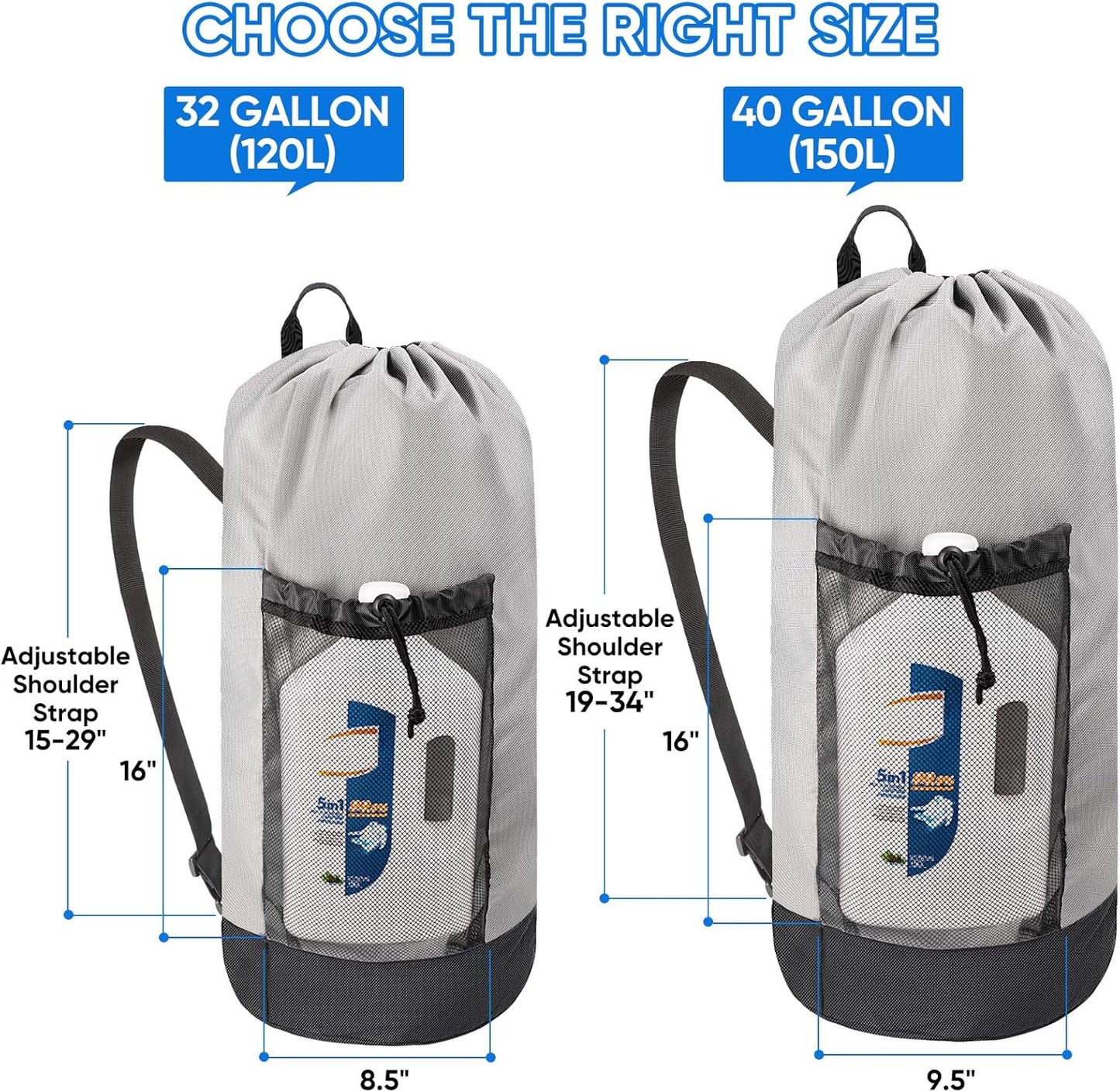 BALEINE 150L Laundry Bag Backpack, 900D Oxford Fabric Large Travel Laundry Bags with Shoulder Straps and 2 Mesh Pockets for College Dorm, Apartment, Laundromat (Grey, 150L)