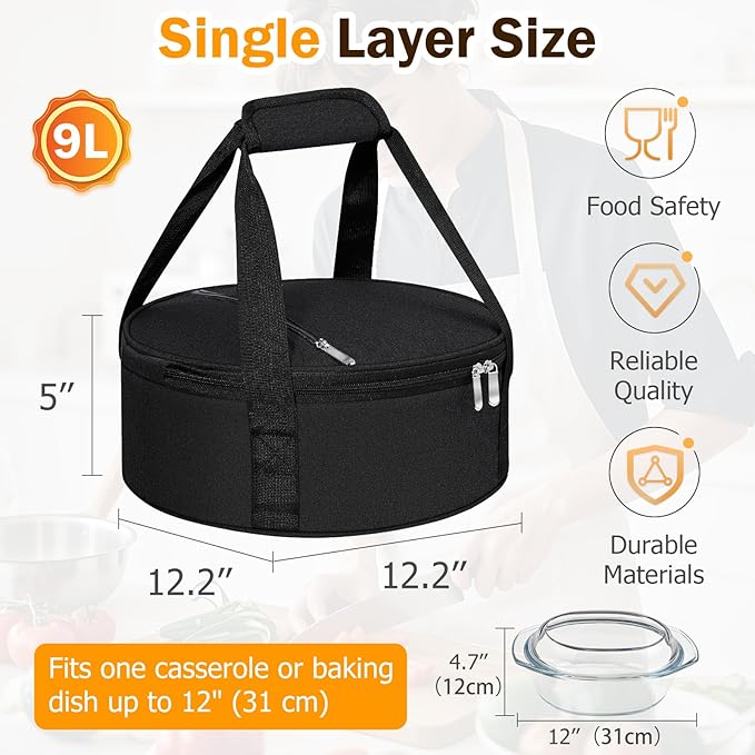 Round Insulated Casserole Carrier, Pie Carrier Bag, Portable Casserole Carrier for Hot or Cold Food Lunch Tote, Lunch Bag for Parties Picnic, Fits 12.5" Baking Dish, Black