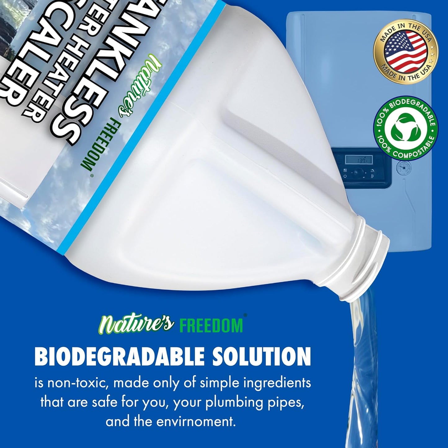 Nature's Freedom Tankless Water Heater Flush Descaler, Gallon (128 oz) – Professional Non-Toxic Descaling Solution, Biodegradable, Made in the USA