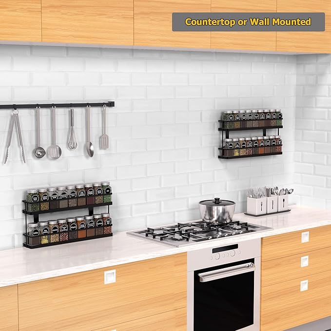 New England Stories Spice Rack Organizer with 18 Empty Square Spice Jars, 386 Spice Labels with Chalk Marker and Funnel Complete Set, for Countertop, Wall Mount or Cabinet Pantry Door, Black