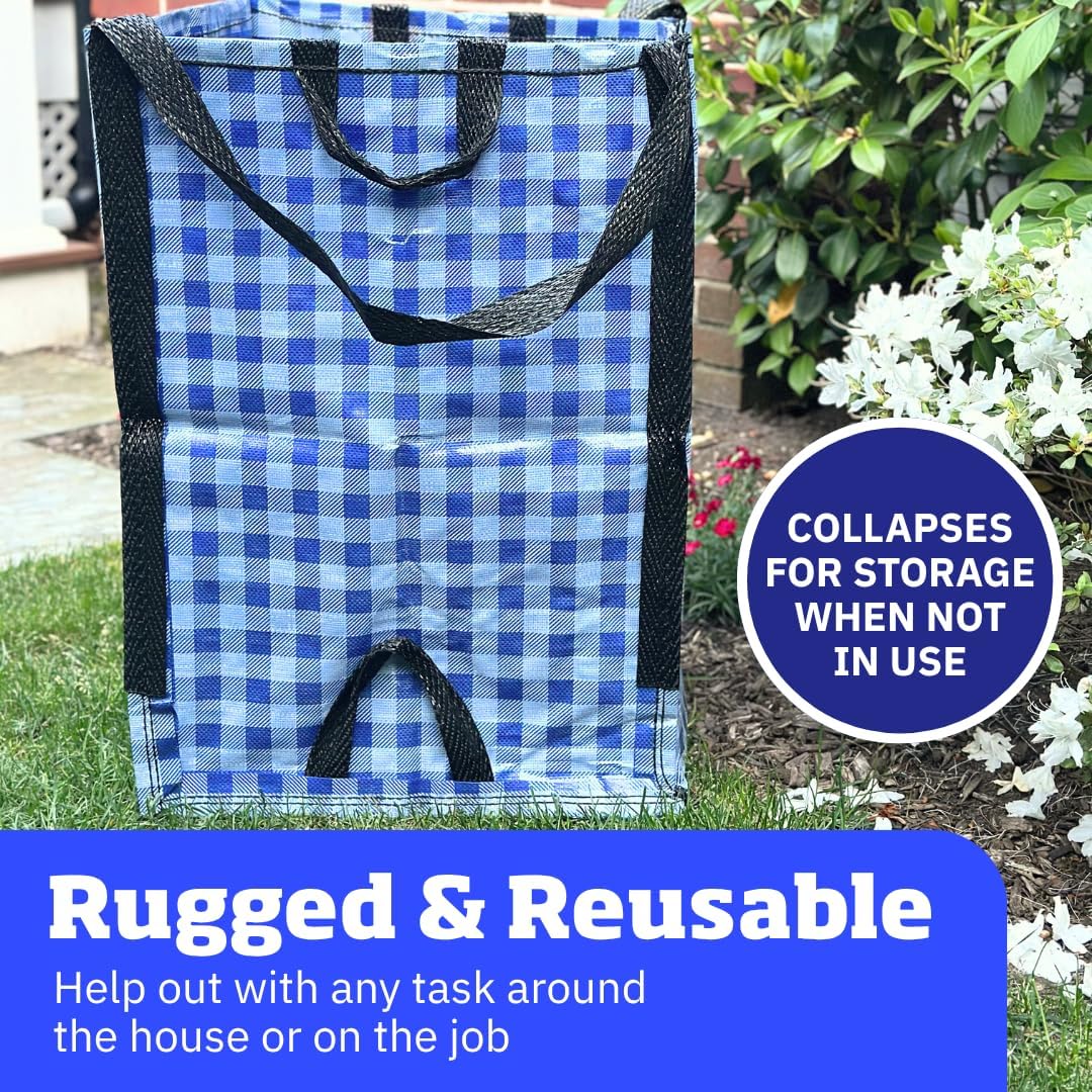 DURASACK Heavy Duty Home and Yard Bags 48-Gallon Reusable Self-Standing Lawn and Leaf Bags Garbage Can with Reinforced Handles, Gingham Blue, 3 Pack
