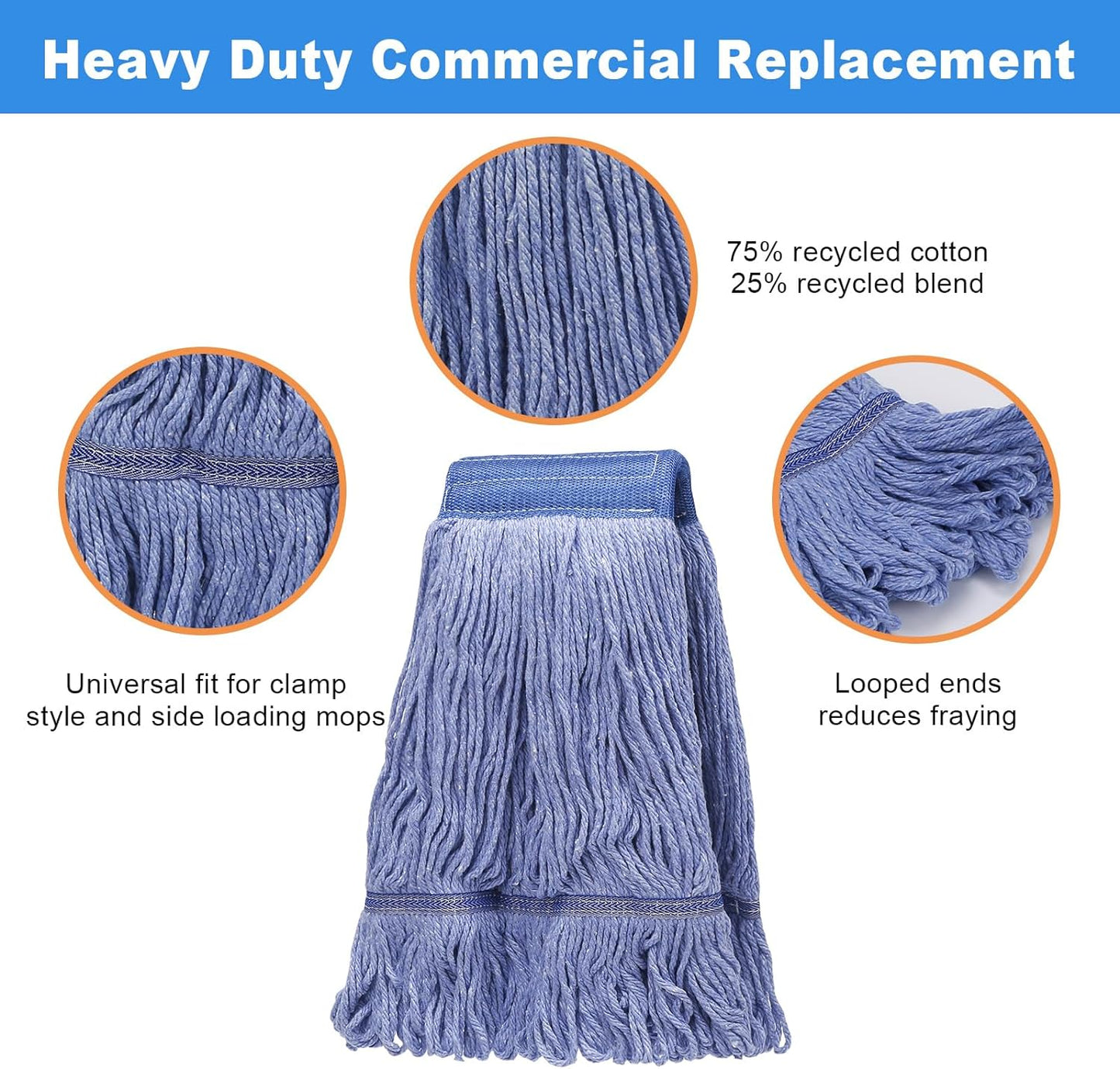 2 Pack Mop Head Replacement, Cleaning Heavy Duty Mop Head Commercial Replacement, Wet Industrial Blue Cotton Looped End String Head Refills, Wet Refills Head Optimal Absorption and Durability (Blue)