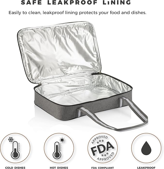 Stack Store Plus More Gray Insulated Casserole Carrier for Hot or Cold Food, Lasagna Holder for Picnic, Potluck, Cookout – Fits 9”x13” or 11”x15” Baking Dish – Thermal Tote