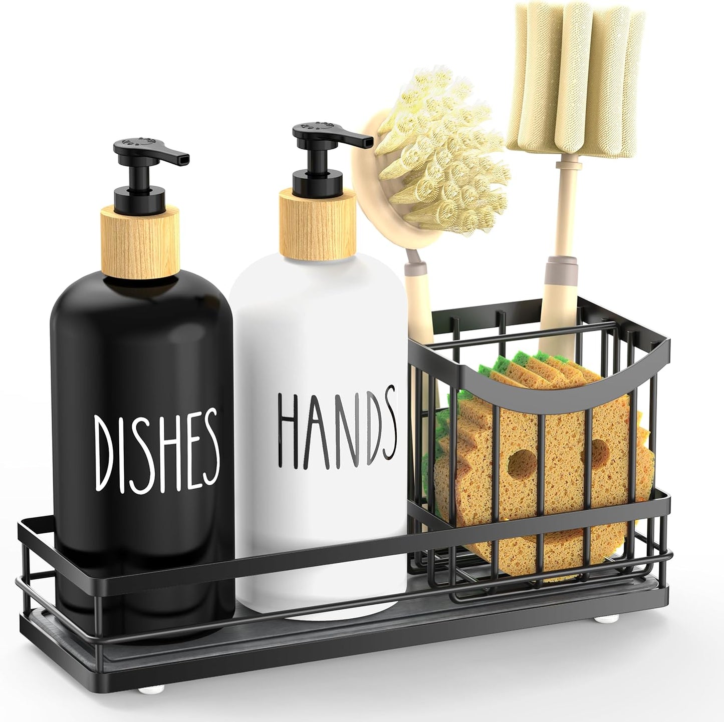 Moforoco Kitchen Dish Soap Dispenser Set, 16OZ Glass Bottle, Hand and Dish Soap Dispenser Set, Instant Dry Tray, Non-Slip Silicone Pad, Brush Holder with Sponge Holder, Kitchen Decor