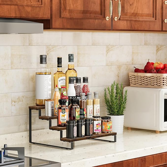Giikin 4 Tier Spice Rack, Wooden Spice Rack for Countertop, Kitchen Counter Storage Shelves Cupcake Stand Holder Display Stand, Rustic Brown