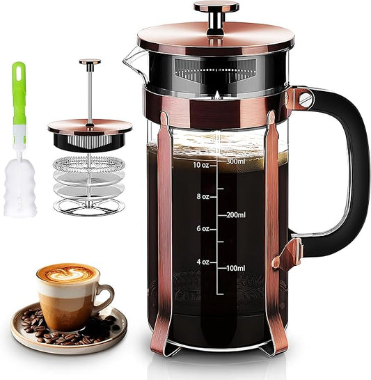 French Press Coffee Maker 304 Stainless Steel Coffee Press,with 4 Filters System, Heat Resistant Thickness Borosilicate French Press Glass, BPA-Free Brewed Tea Pot Coffee Plunger(Copper 12oz)