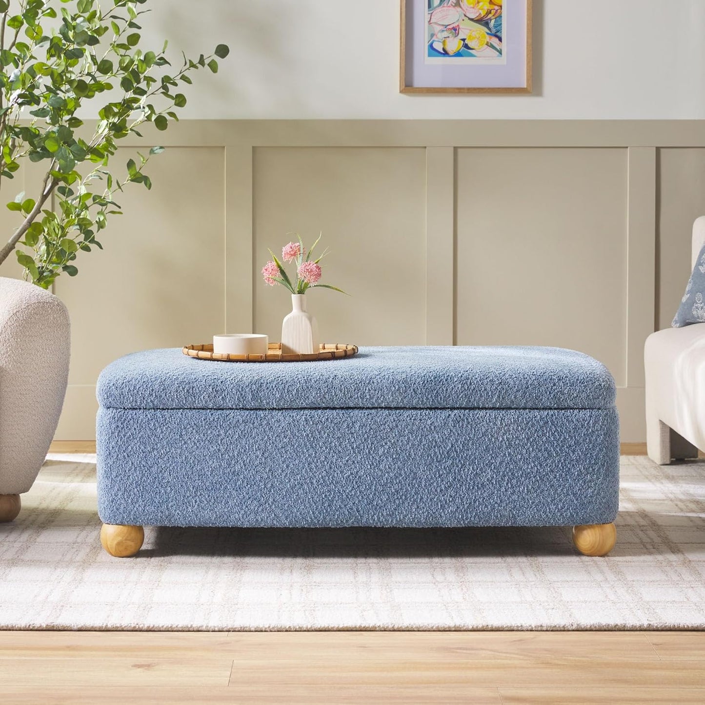 Walker Edison Linley Contemporary Large Storage Bouclé Ottoman with Wood Legs, Soft Blue
